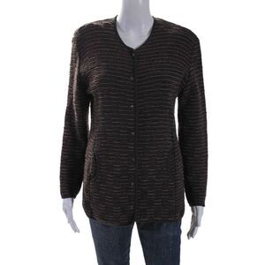 Designer Womens Wool Striped Knitted Buttoned Round Neck Cardigan Brown Size L